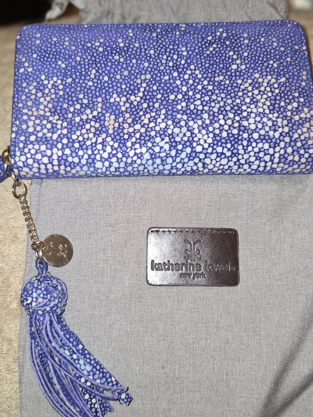 NWT Katherine Kwei New York Blue Stingray Leather Caviar Zip-Around Clutch